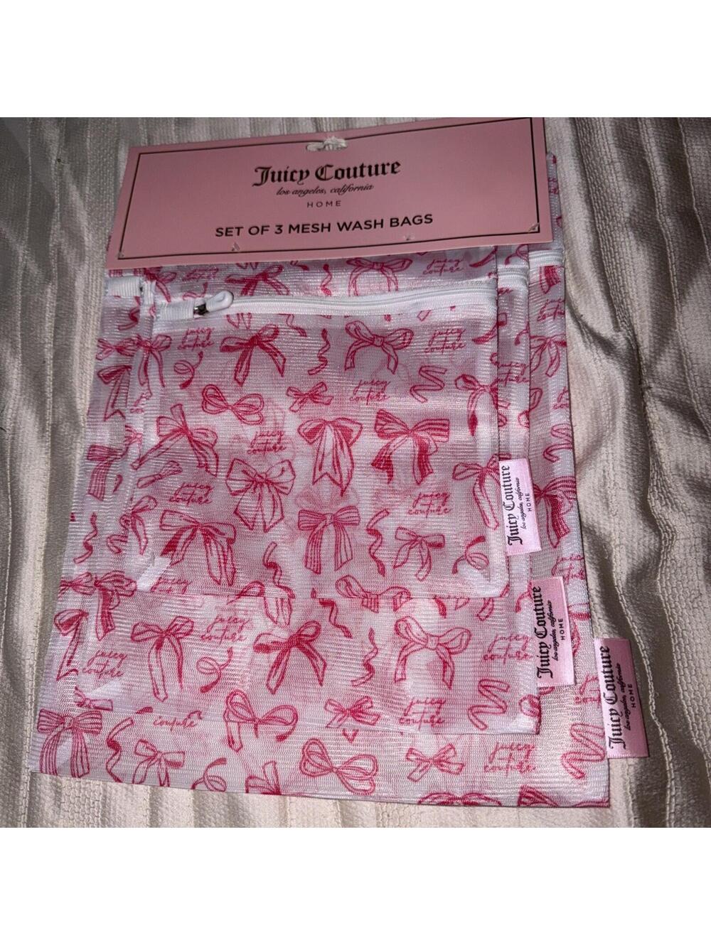New Juicy Couture 3 Pack Mesh Laundry Bags Pink Bow Print Delicates Protector